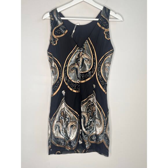 Lavender Brown Velvet & Crepe Paisley Sleeveless Mini Shift Dress Black XS NWT - Picture 10 of 10